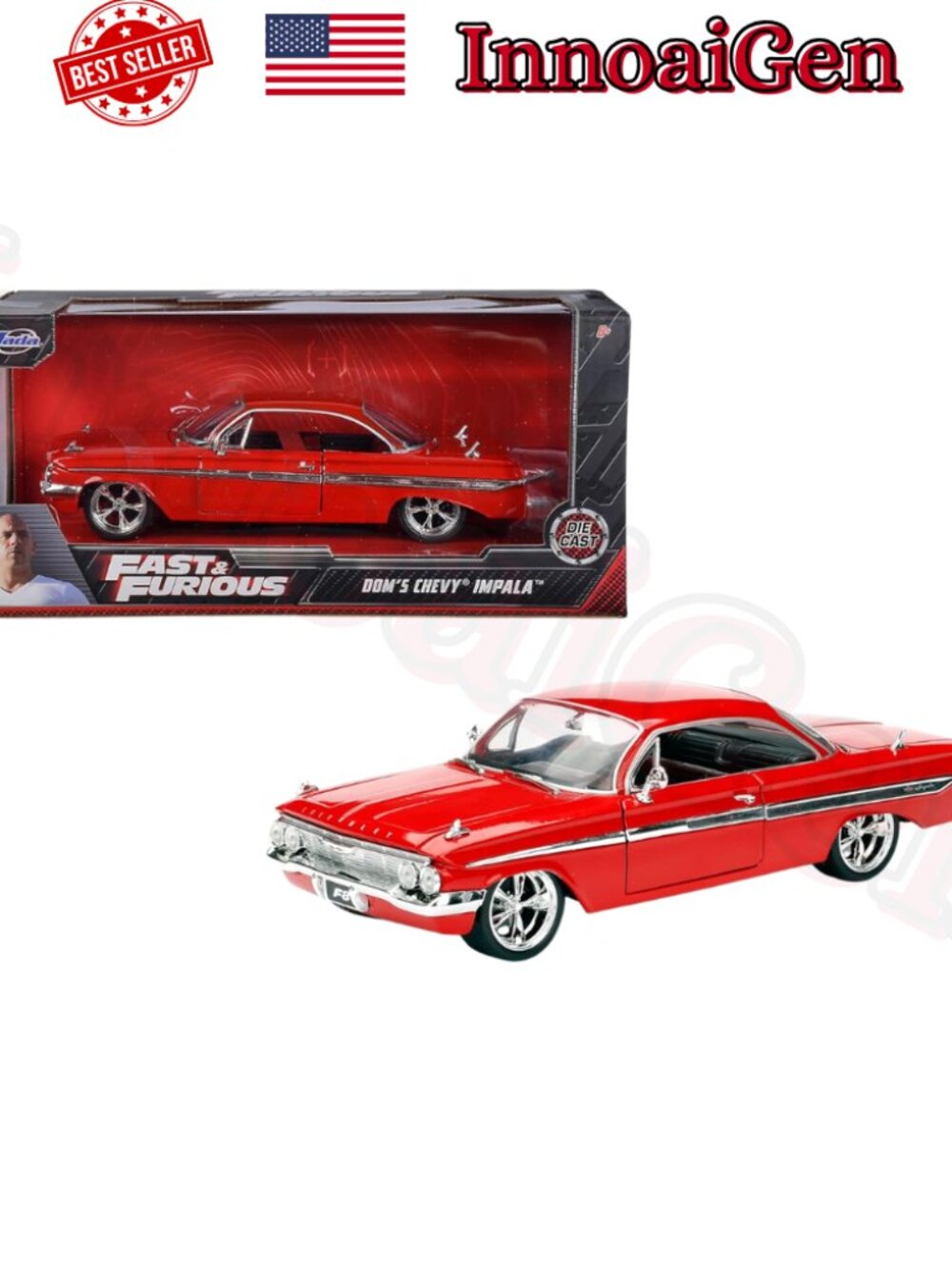 Jada Fast & Furious Dom's 1961 Chevy Impala 1:24 Die-Cast Car Red New In Box